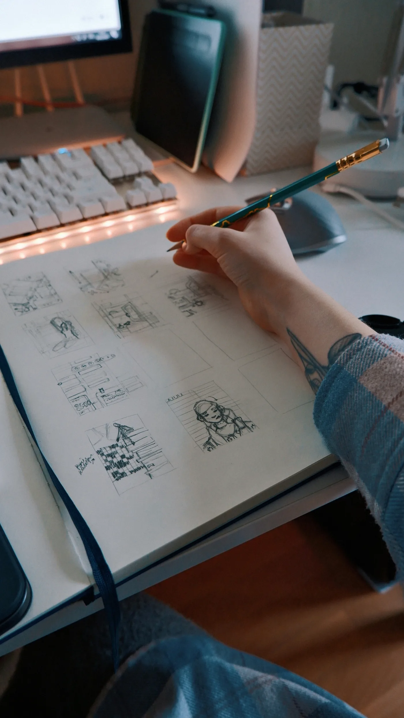 UX designer sketching a product wireframe at a bright desk
