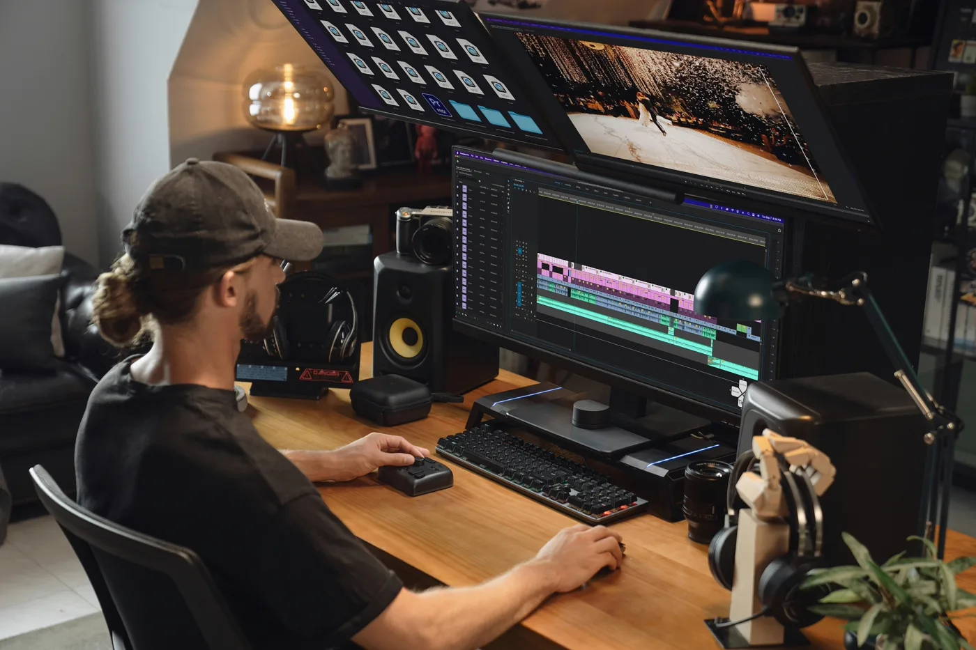 Video editor color grading footage in professional editing software